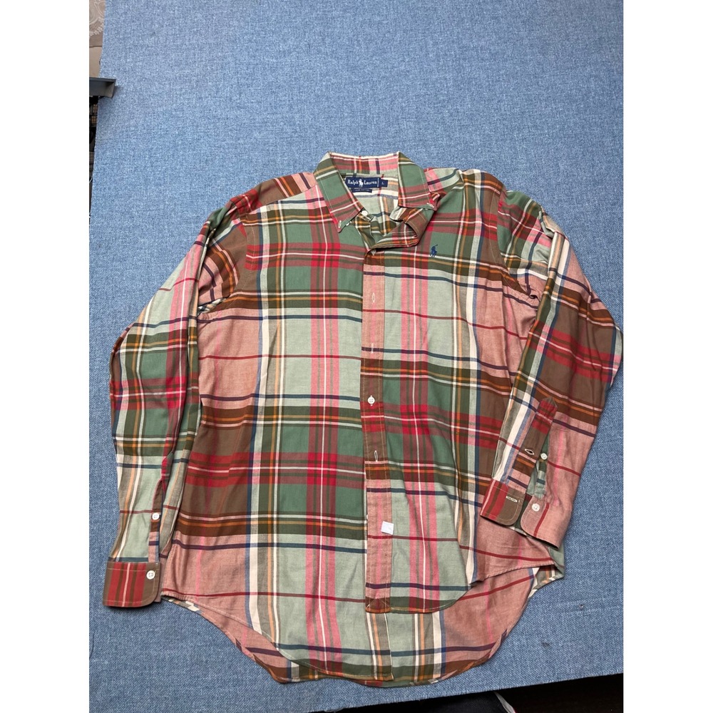 VTG Ralph Lauren Mens Large Multi Color Plaid Cotton Button Down Shirt 90s